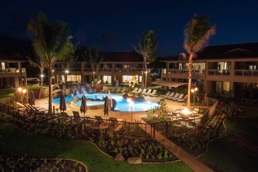Luana Garden Villas pool at twilight